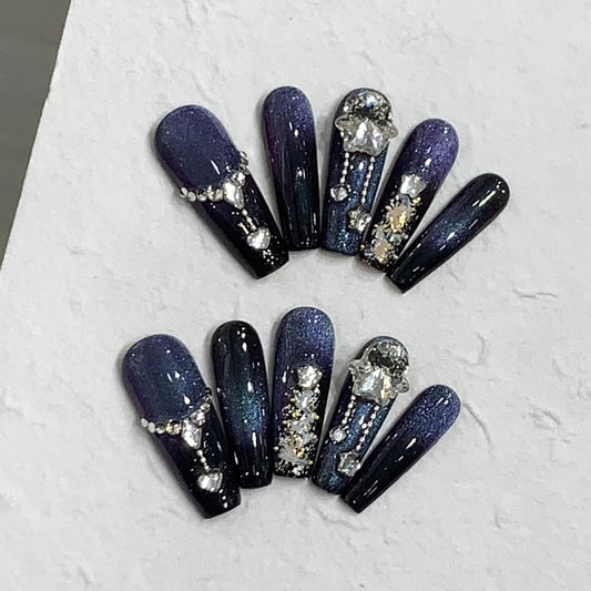 Black-Purple Colored Long-Square Shiny nails with Star & Heart & Little Rhinestone,Gold Foil,Gradient Design ,YZG