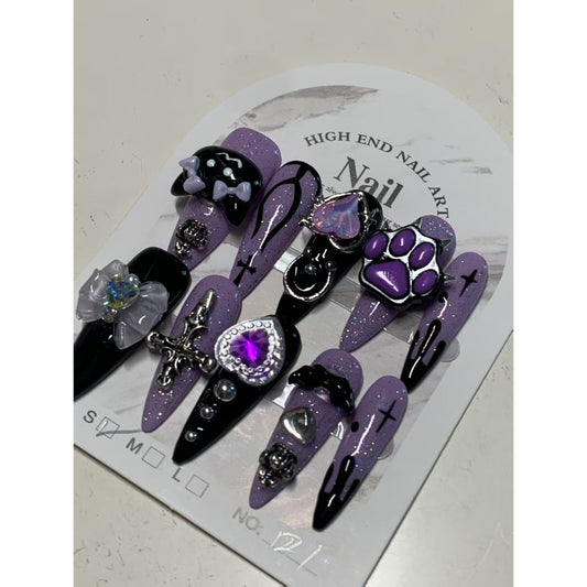 Purple-black nails with Cross,Bow & Cat & Heart Charms & Purple Rhinestone ,NK