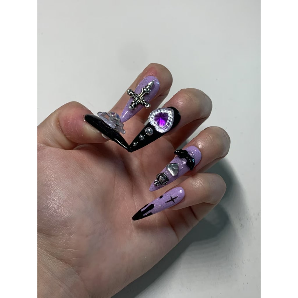 Purple-black nails with Cross,Bow & Cat & Heart Charms & Purple Rhinestone ,NK