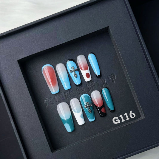 Simple nails with Gradient & Line Design,Cross Charms,CY