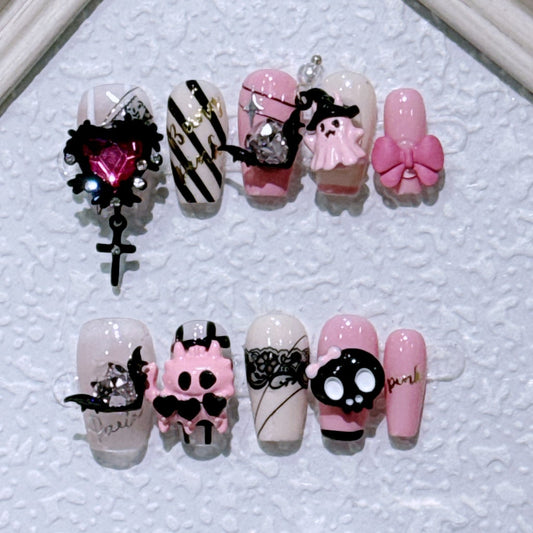 Pink-black nails with Cross & Bow & Heart & Ghost Charms and Clear Rhinestone ,NK
