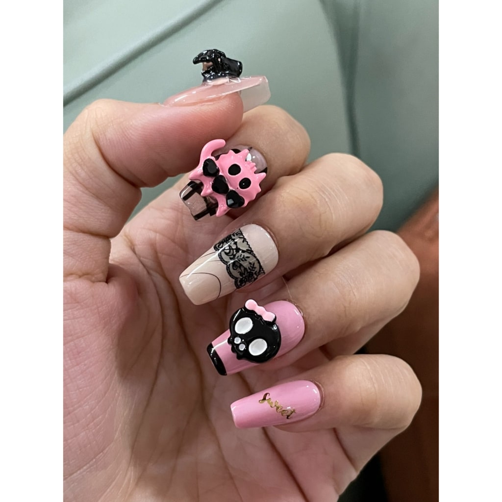 Pink-black nails with Cross & Bow & Heart & Ghost Charms and Clear Rhinestone ,NK