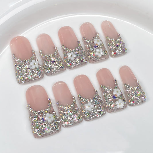 Pink Long Shiny Duck nails with French Style,Rhinestone,Flower Charms,RJ