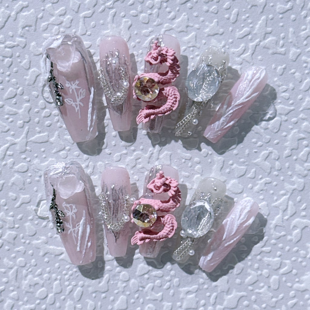 Pink nails with Rose Charms,Rhinestone,Loong & Dragon Charms,China Style ,NK