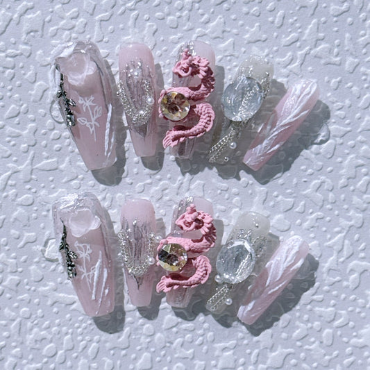 Pink nails with Rose Charms,Rhinestone,Loong & Dragon Charms,China Style ,NK