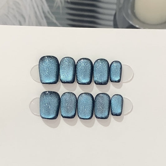Blue cat eye Short nails with Black Base ,YZG