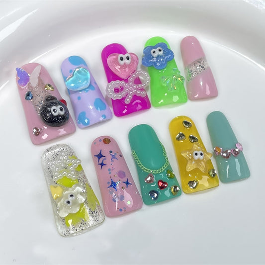 Cartoon Long Duck nails with French Style,Rhinestone,Cartoon & Bow Charms,RJ