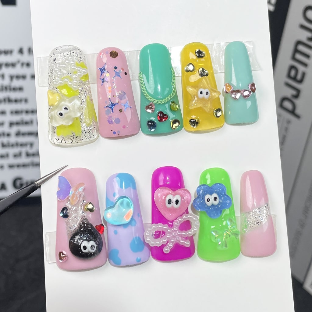 Cartoon Long Duck nails with French Style,Rhinestone,Cartoon & Bow Charms,RJ