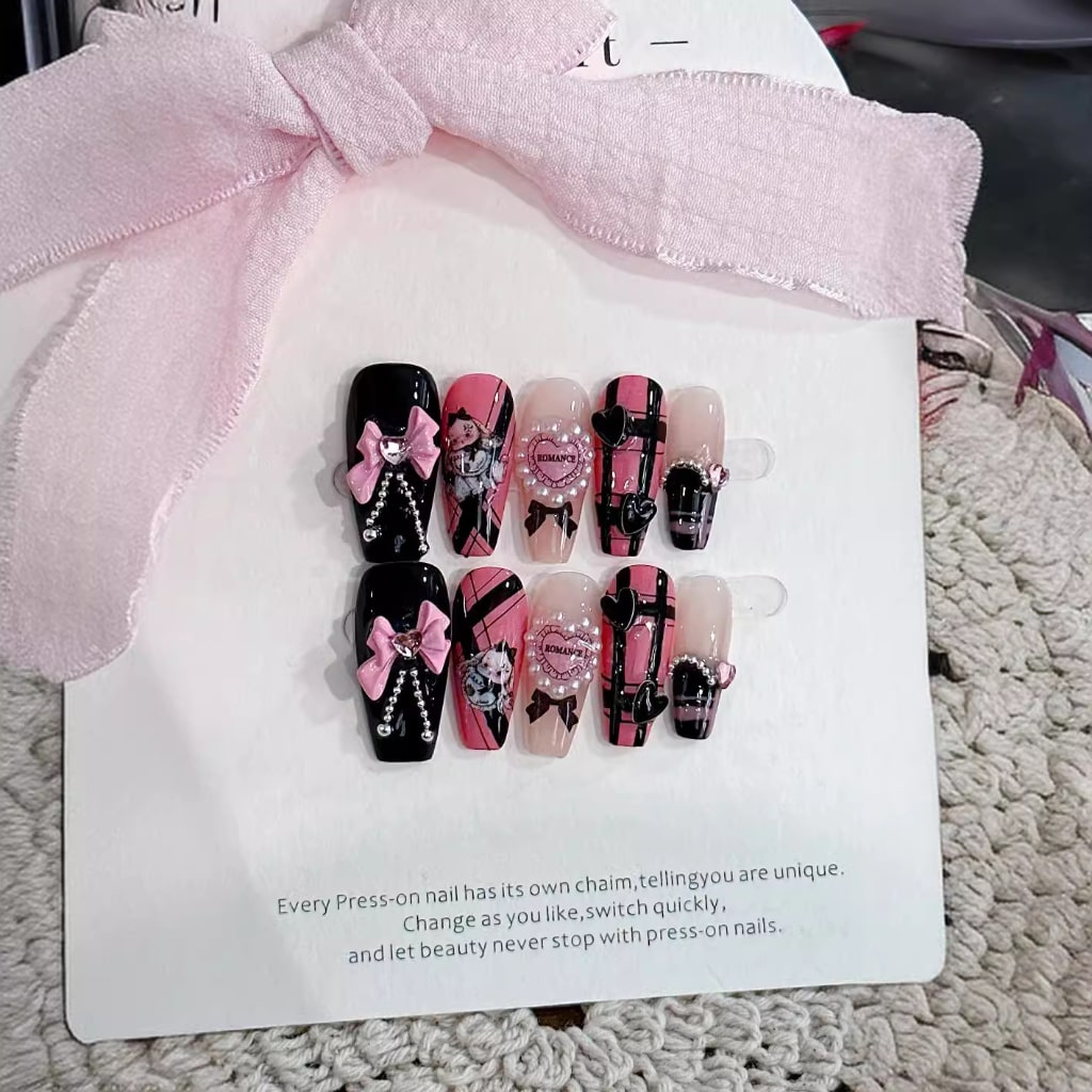 Pink-black nails with Bow & Pearl & Pachinko Charms,Heart Rhinestone,Cartoon Design ,NK