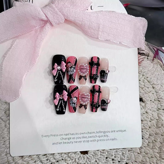 Pink-black nails with Bow & Pearl & Pachinko Charms,Heart Rhinestone,Cartoon Design ,NK
