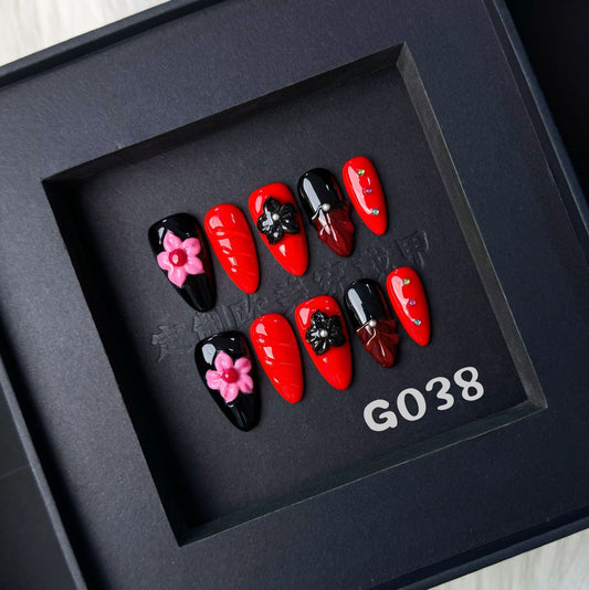 3D Flower nails with Gradient Design,Glitter,Red-black Tones,CY