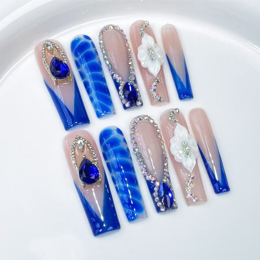 Long Square nails with French Style,Blue Rhinestone,Glitter,3D Flower,RJ