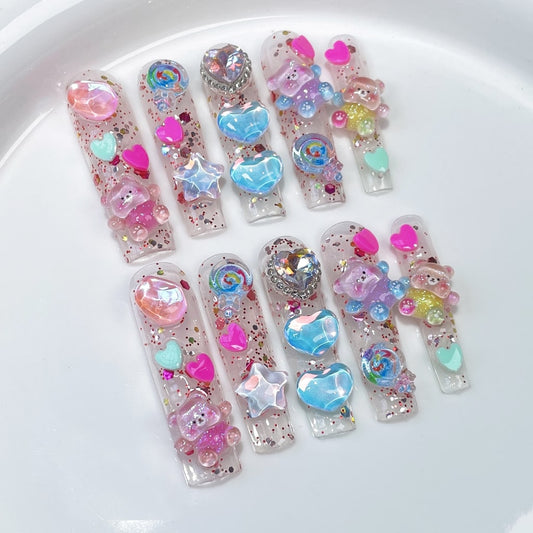Long Square nails with Cartoon & Heart & Star & Lollipop Charms,Shiny Glitter,RJ