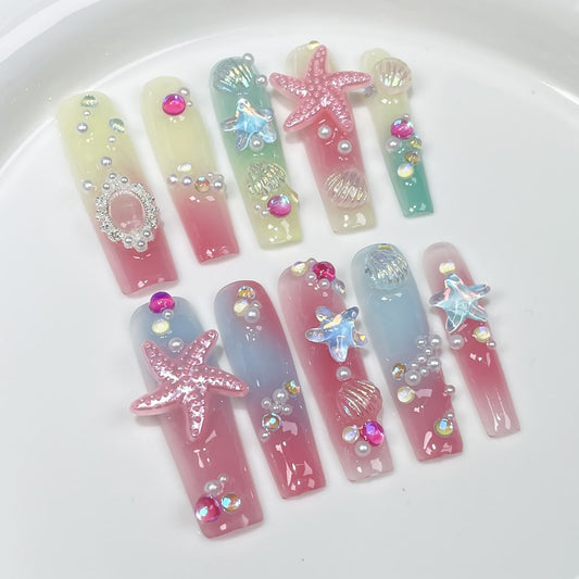 Pink Long Square nails with Glitter,Sea Series Charms,Gradient Design,RJ