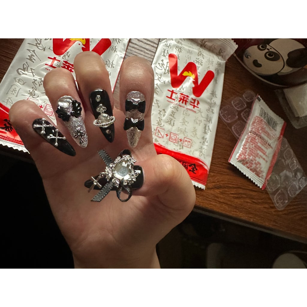 Gorgeous nails with  Heart Rhinestone & Bow Accessories,Lace and Cross Charms ,NK