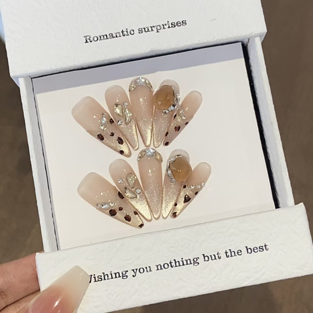 Nude cat eye Long-Thin nails with Leopard Print Design,Rhinestone Charms ,YZG