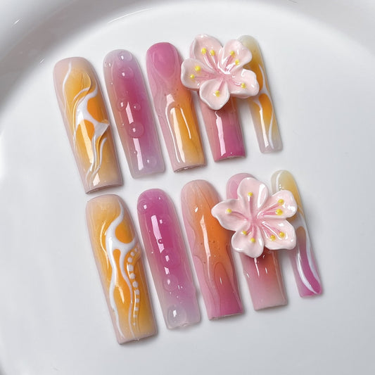 Pink Long Square nails with 3D Flower,Gradient Design,RJ