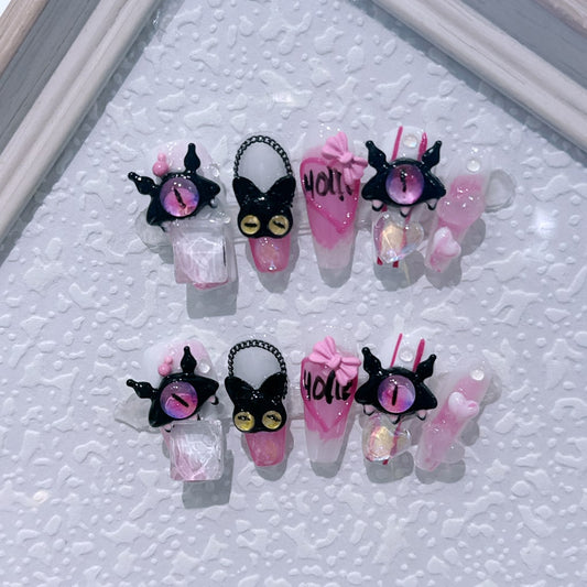 Pink-White one-eyed monster nails with Bowknot,Heart Shaped  Design and Chains ,NK