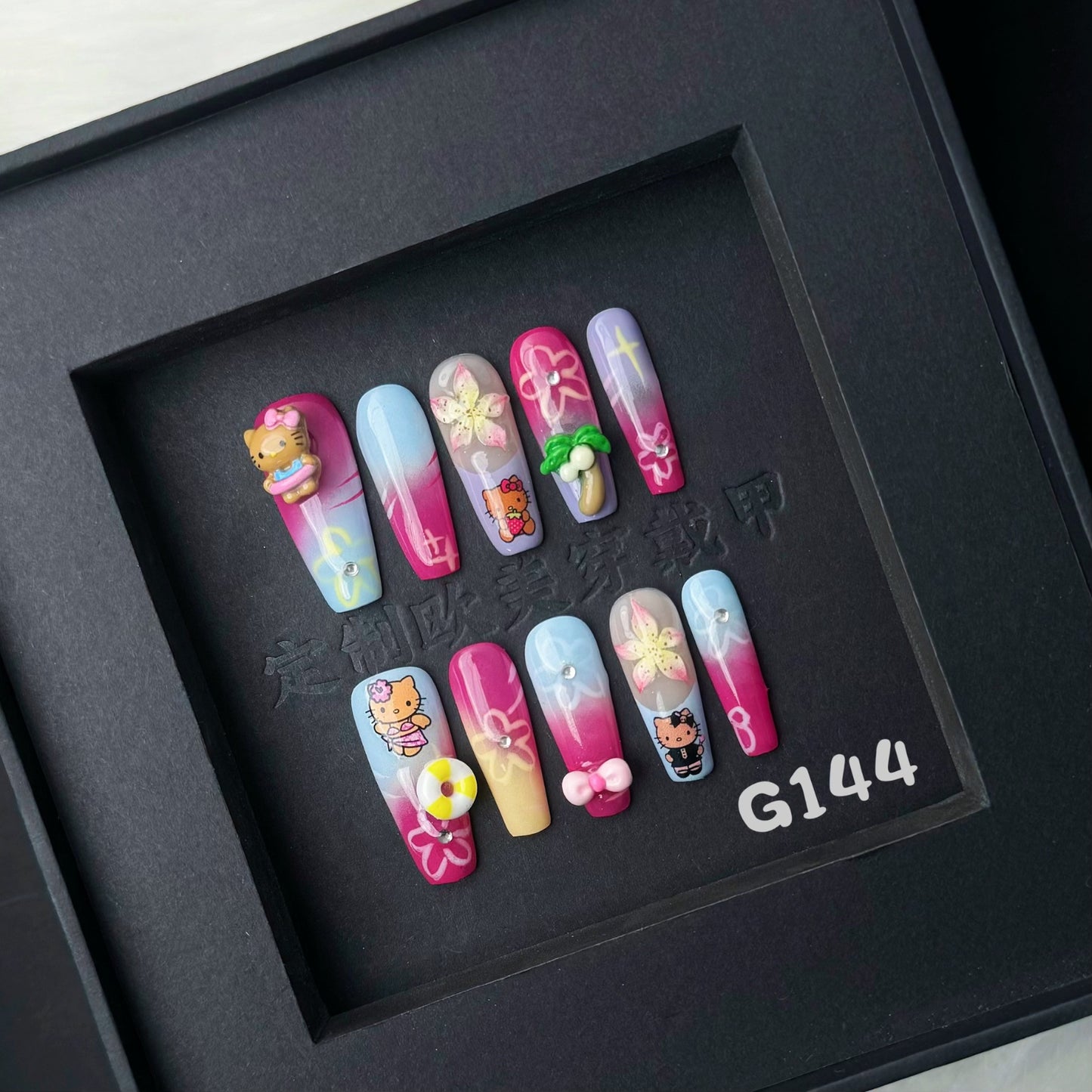 Cartoon HK nails with Gradient Design,3D Flower,Cartoon & Bow Charms,CY