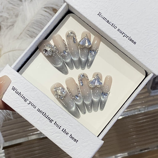 Cat Eye Long-Thin nails with Rhinestone,Pearl,French Style,YZG