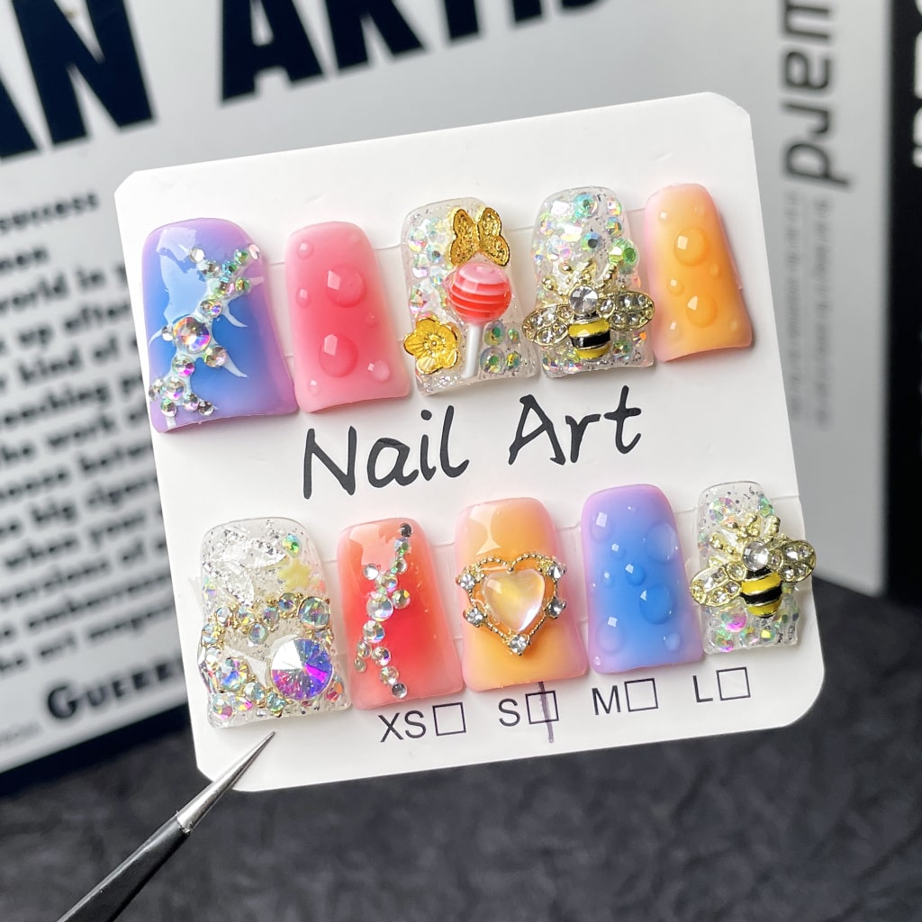 Duck nails with Rhinestone,Bee & Flower & Lollipop & Heart Charms,RJ