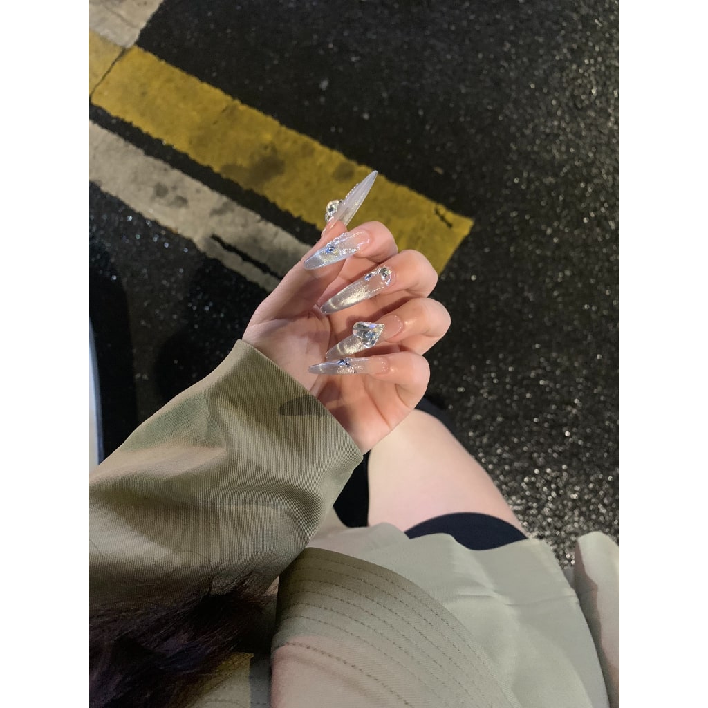 Cat Eye Long-Thin nails with Rhinestone,Pearl,French Style,YZG