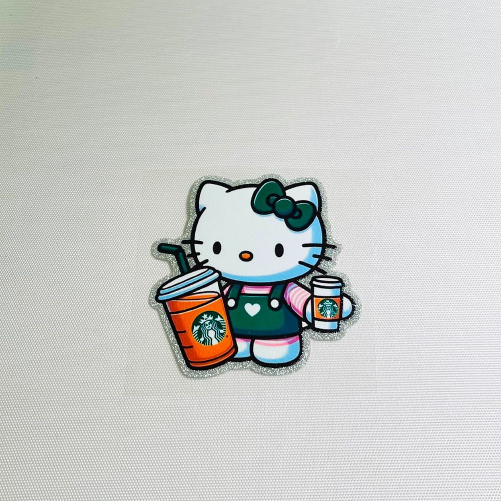 4inch Decals Shiny Glitter Cup Wraps, Water Proof,Cartoon ,Sanrio , Hello Kitty With Starbuck Coffee