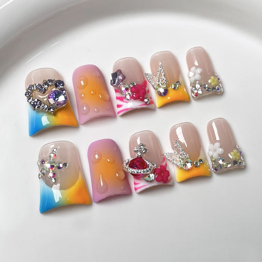 Duck nails with Rhinestone,Butterfly & Flower & Star Charms,French Style,RJ