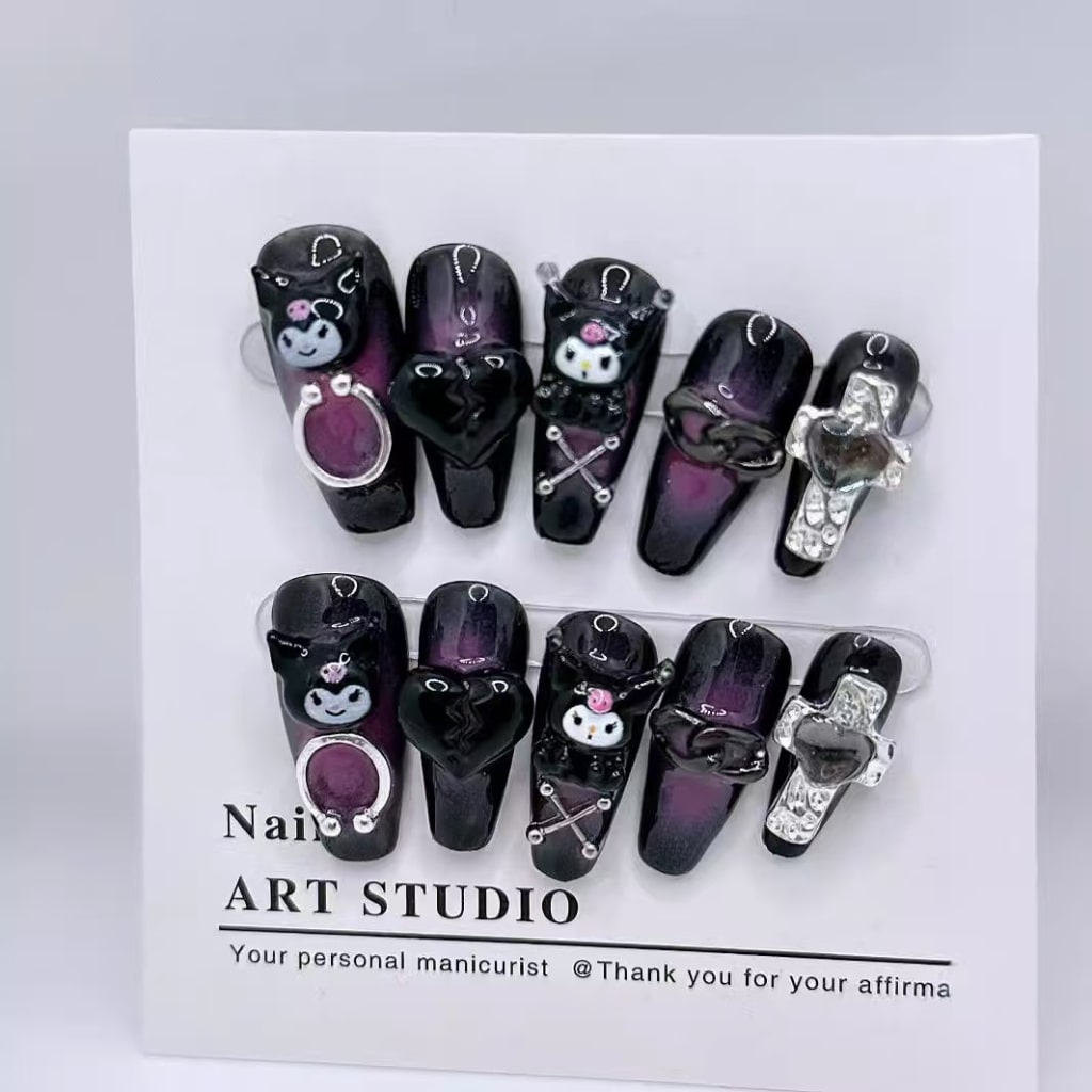 Cartoon KuKu Purple-Black nails with Crucifix,Heart Rhinestone,Cartoon Accessories Charms,NK