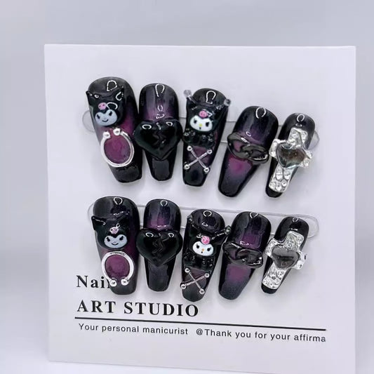 Cartoon KuKu Purple-Black nails with Crucifix,Heart Rhinestone,Cartoon Accessories Charms,NK
