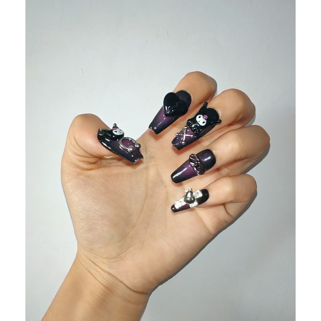 Cartoon KuKu Purple-Black nails with Crucifix,Heart Rhinestone,Cartoon Accessories Charms,NK