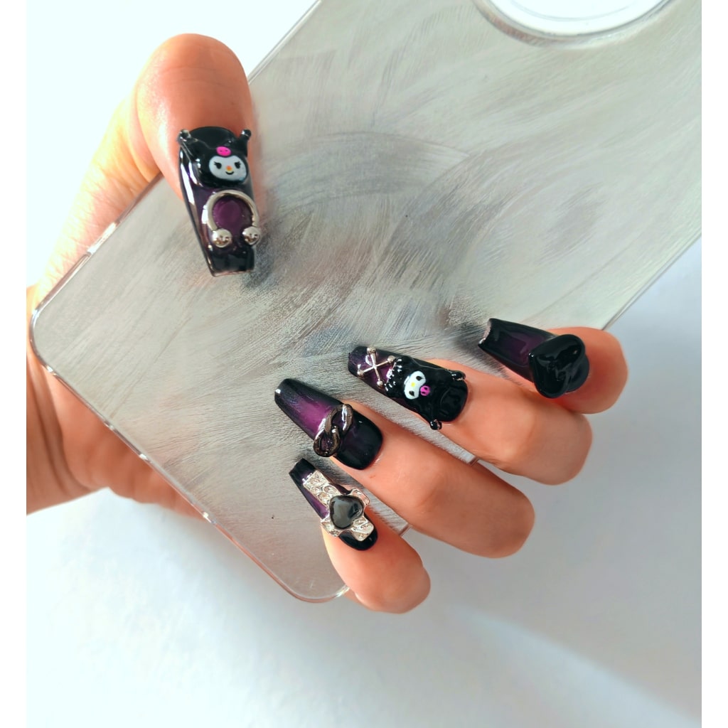 Cartoon KuKu Purple-Black nails with Crucifix,Heart Rhinestone,Cartoon Accessories Charms,NK