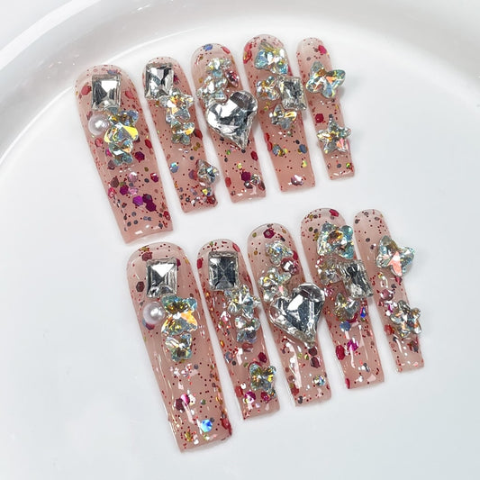 Pink Long Square nails with Heart & Butterfly & Star Rhinestone,Shiny Glitter Inside ,RJ