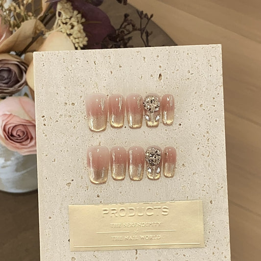 Pink cat eye Short-Square nails with Rhinestone,Flower Deaign ,YZG