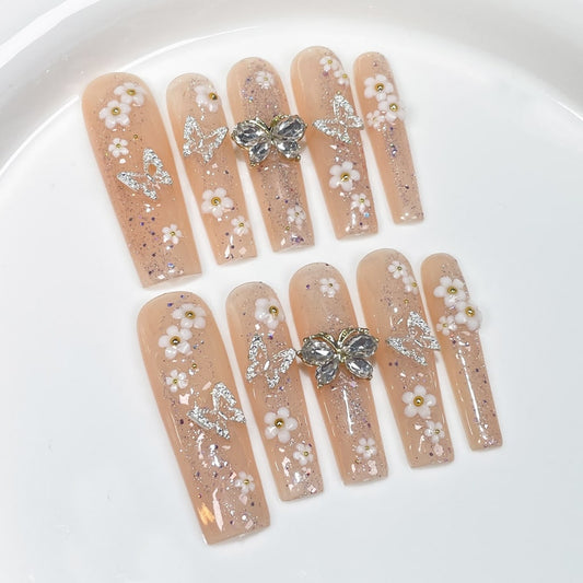 Long Square nails with Flower Design,Alloy Butterfly Charms,Shiny Glitter,RJ