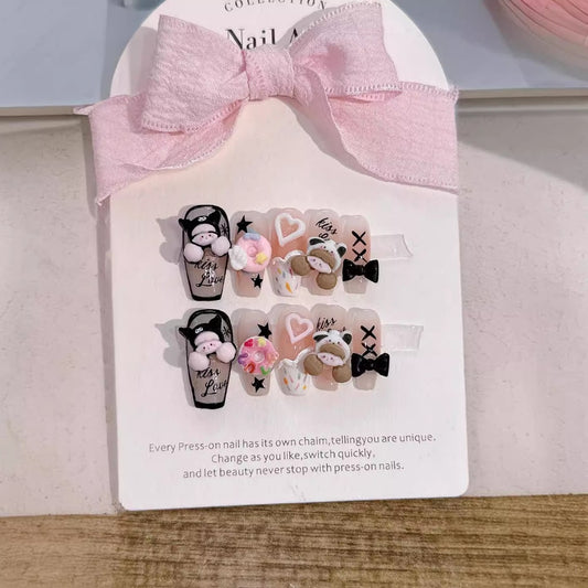 Cute nails with Cartoon & Doughnut Charms,Heart & Star Design,Bow Charm ,NK