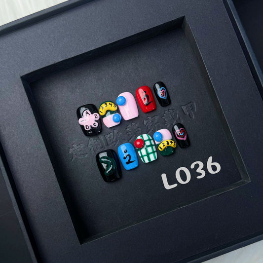 3D Short Square nails with Line & Figure Design,CY