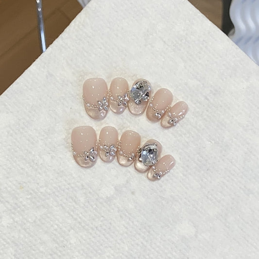 Nude cat eye nails with Pearl,Rhinestone,Flower Design,French Style ,YZG