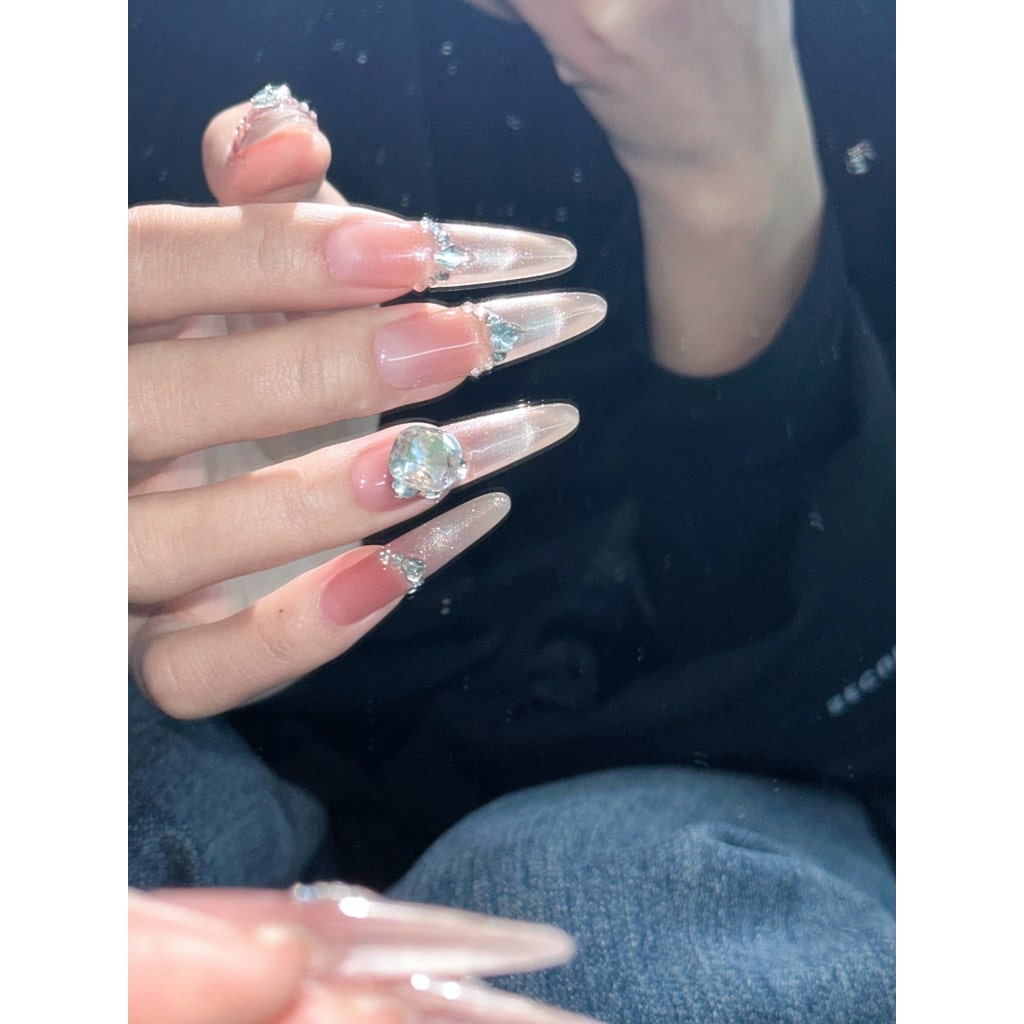 Nude cat eye Long-Thin nails with Clear Rhinestone, Gradient Design ,YZG