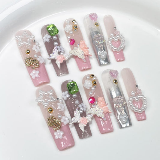 Pink Long Square nails with Flower & Star & Heart & Butterfly Charms,Gradient Design,RJ