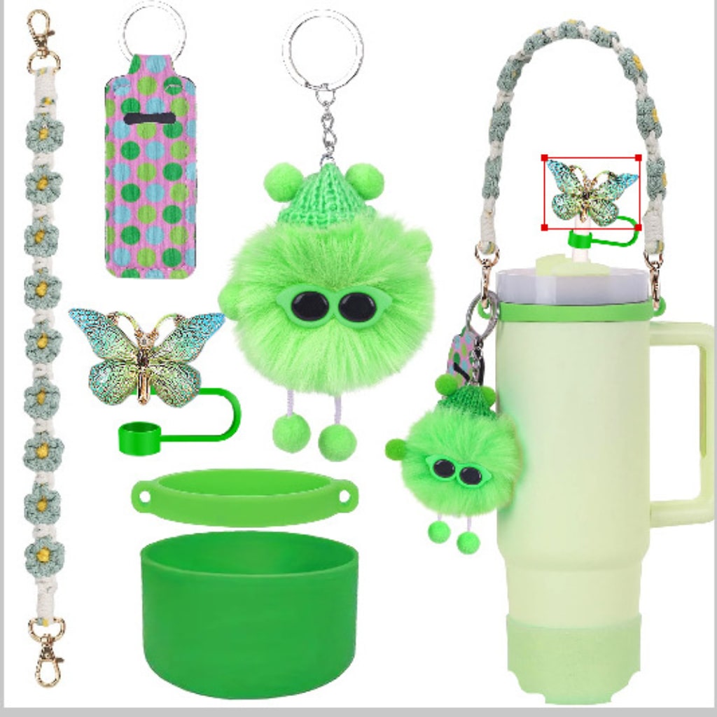 Stanley Cups Accessories With Fluffy Keychains & lid pockets,6pcs one set