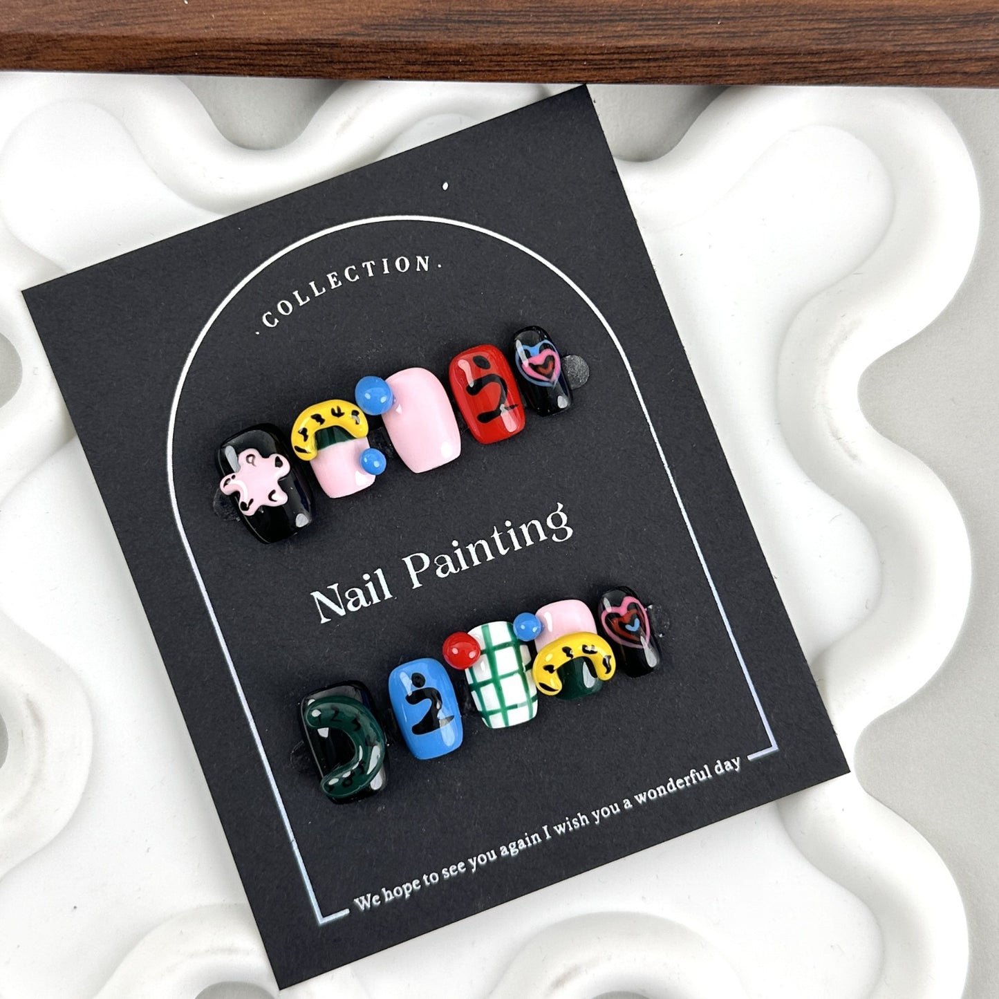 3D Short Square nails with Line & Figure Design,CY