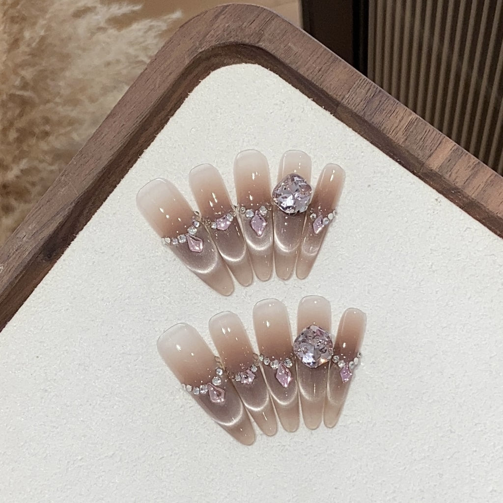 Nude cat eye Long-Thin nails with Clear Rhinestone, Gradient Design ,YZG