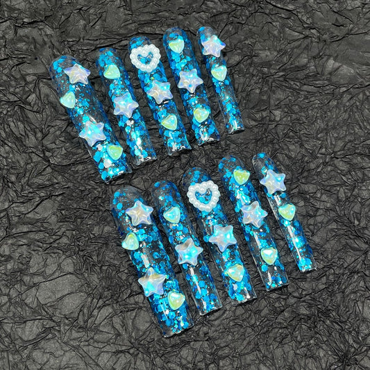 Blue Long Square nails with Star & Heart Charms,Blue Shiny Glitter,RJ
