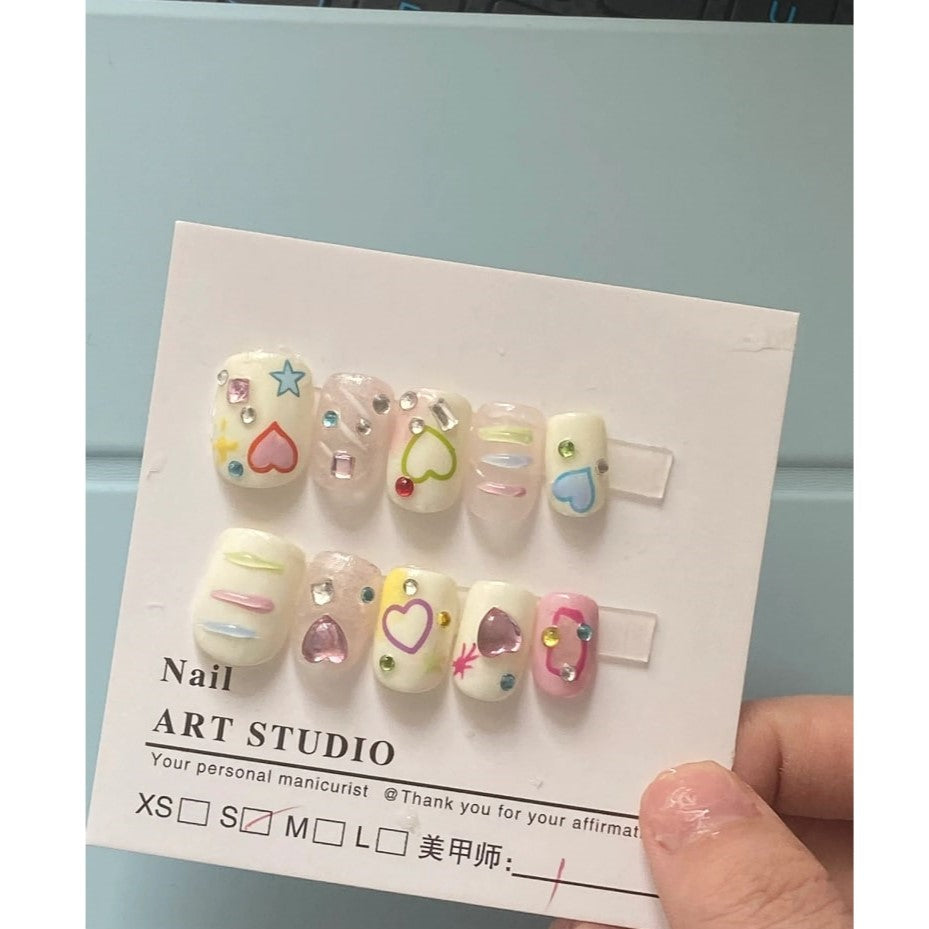 Cute little cream-color nails with Heart Rhinestone ,Colorful Rhinestone,NK