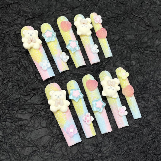 Cute Long Square nails with Bear & Star & Flower & Heart Charms,Gradient Design,RJ