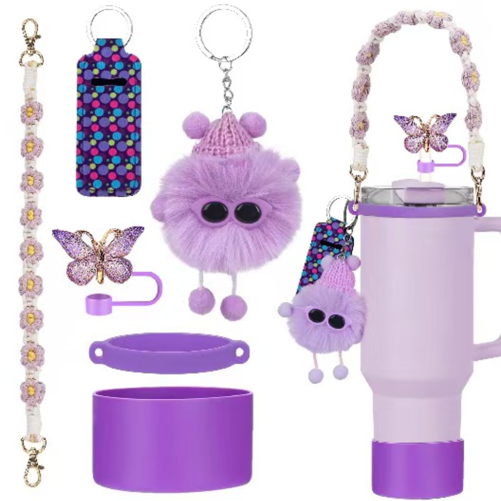 Stanley Cups Accessories With Fluffy Keychains & lid pockets,6pcs one set