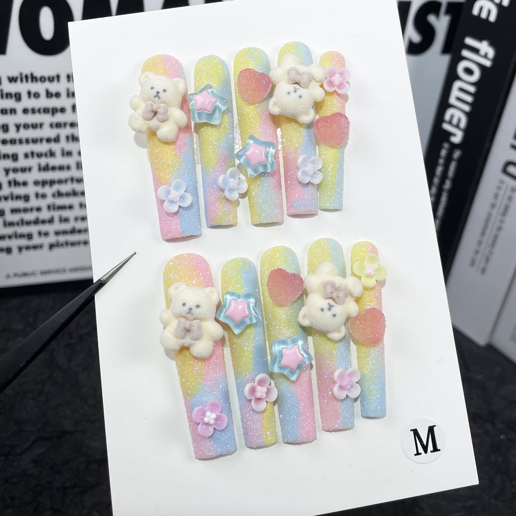 Cute Long Square nails with Bear & Star & Flower & Heart Charms,Gradient Design,RJ