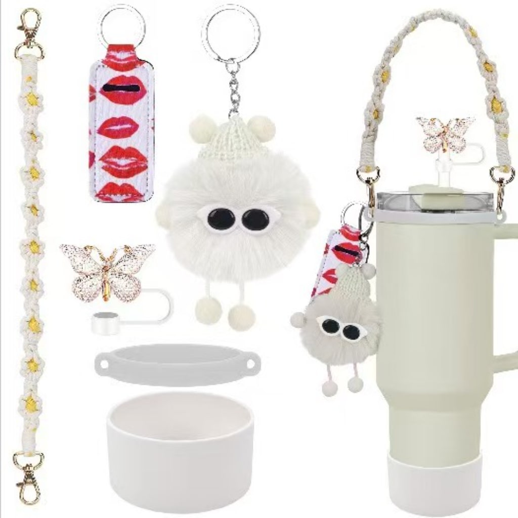 Stanley Cups Accessories With Fluffy Keychains & lid pockets,6pcs one set