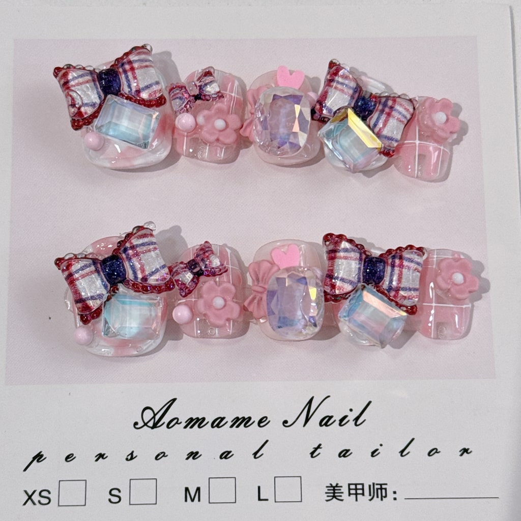 Pink nails with Rhinestone & Pattern Bow & Flower & Heart Charms